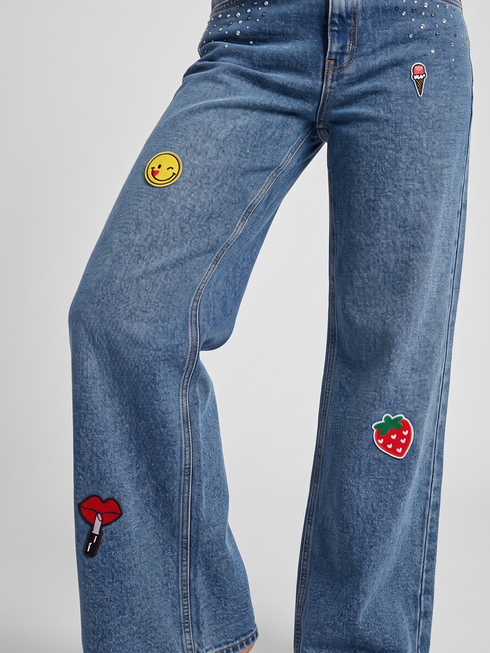 Custom Upcycled Patched Wide Leg Jeans Sz 18 Junior Y2K Rhinestones NWT